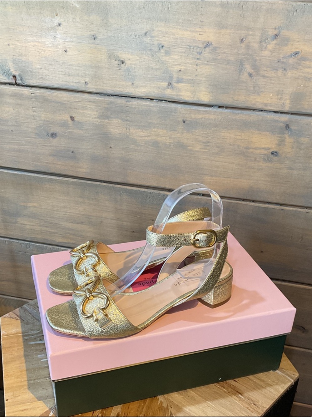kate spade Gold Metallic Low Block Heel Sandals with Decorative Buckle